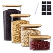 Brabtod 4-Piece Airtight Storage Jars with Bamboo Lids, Clear Plastic Food Canisters for Grains, Cereal, Sugar, Flour & Dry Snacks, Kitchen Counter Pantry Organizer, Includes Labels & Marker Pen