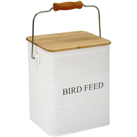 Brabtod Seed Storage Container & Pet Food Storage Container Airtight Metal Food Tin with Wooden Lid, Handle & Scoop, Holds 5-6 lbs, Ideal for Bird Seed, Dog & Cat Food Storage