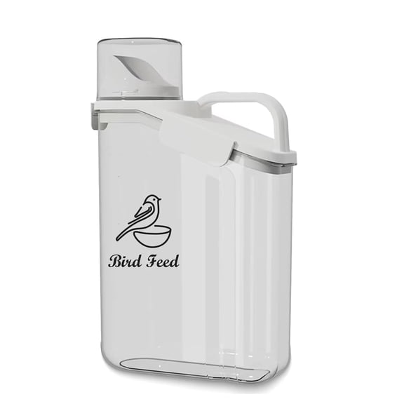 Brabtod Bird Seed Storage Container,2-3 Lbs Airtight Bird Food Container with Handle and Measuring Cup,Portable Pet Food Container for Wild Bird Sunflower Seed-BPA Free Transparent/White