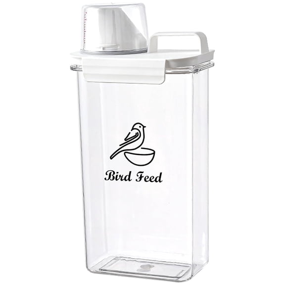Brabtod Bird Seed Storage Container Airtight 2-3 Lbs Clear Plastic Bird Food Container Portable-with Measuring Cup/Lid, Pet Food Storage Container