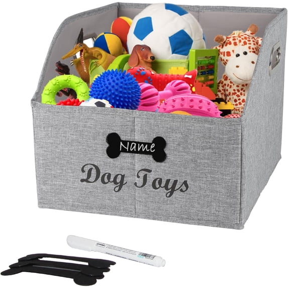 Brabtod Canvas Dog Toys Storage Bins with Write-On Labels, Large Pet Basket with Metal Handles & Custom Tags, Puppy Toy Organizer - Gray