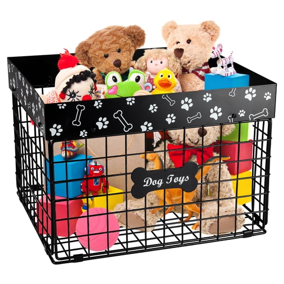 Brabtod Chew-Proof Dog Toy Organizer, Large Metal Wire Folding Storage Basket, Pet Toy Box with Durable Construction - Black