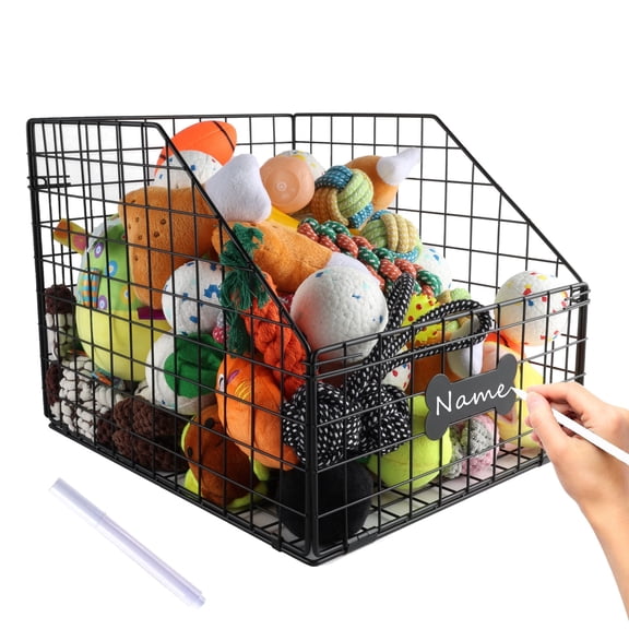 Brabtod Collapsible Metal Wire Pet Toy Storage Basket with Personalized Label, Large Capacity Organizer for Dog & Cat Toys, Blankets, and Supplies