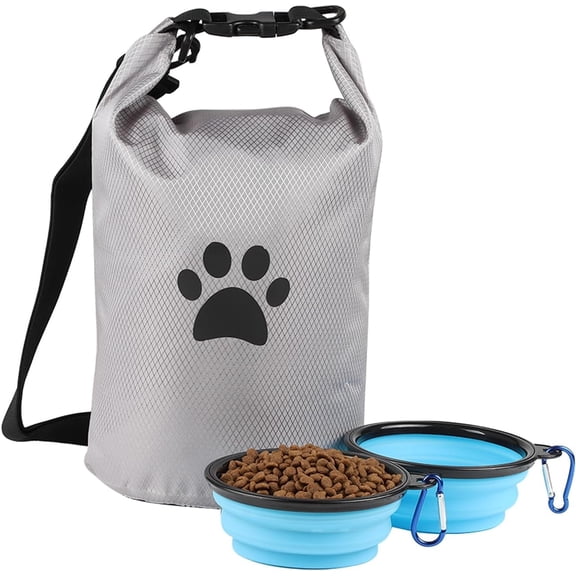 Brabtod Pet Food Storage Bag | BPA-Free, Food Grade, Pet Safe | Keeps Kibble Fresh for Camping, Dog Boarding, Weekend Getaways | Machine Washable | Gray Paw Print with 2 Collapsible Bowls S