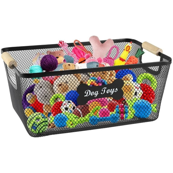 Brabtod Dog Toy Basket, Metal Large Storage Basket, Dog Toy Storage Bin for Dog, Dog Toy Organization & Storage, Ideal for Dog Leash, Blanket, Toys, Snacks-Chewproof,Black