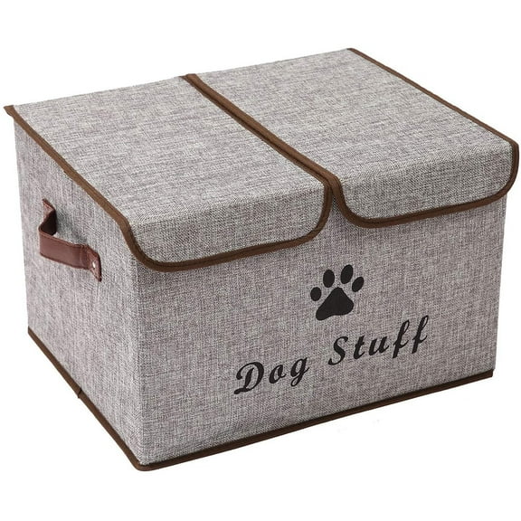 Brabtod Dog Toy Box with Lid, Large Dog Toy Bin, Collapsible Dog Toy Organizer,Dog Toy Basket Storage -Chew Proof Dog Bin, Gray