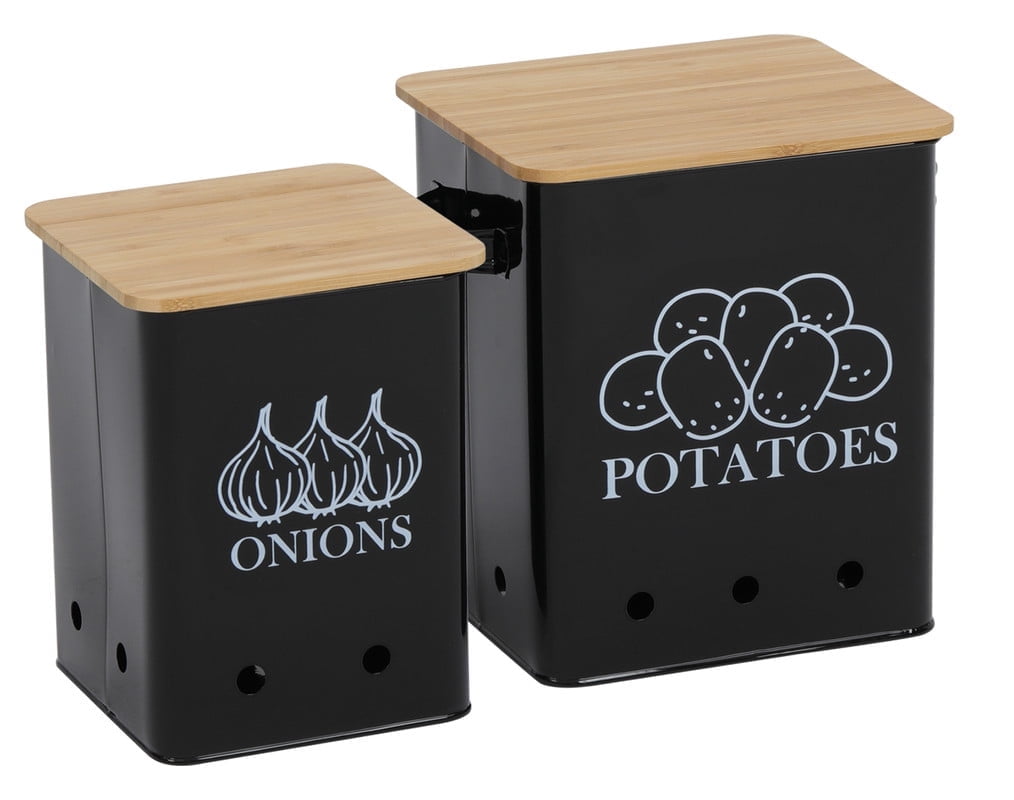 Brabtod Kitchen Vegetable Storage Tins 2 Pack Set for Potatoes&Onion, Metal Food Storage Container with Wooden Lid 7.5L Garlic Bin Caddy, Long Shelf Life Black