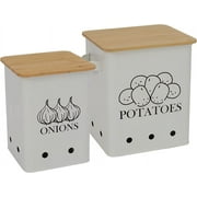 Brabtod Kitchen Vegetable Storage Tins 2 Pack Set for Potatoes and Onion, Metal Food Storage Container with Wooden Lid Garlic Bin Caddy, White