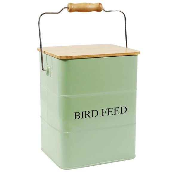 Brabrod Metal Bird Seed Storage Container with Wooden Lid & Scoop, 5-6 lbs Capacity Carbon Steel Bin, Farmhouse Pantry Organizer for Wild Bird Feeding