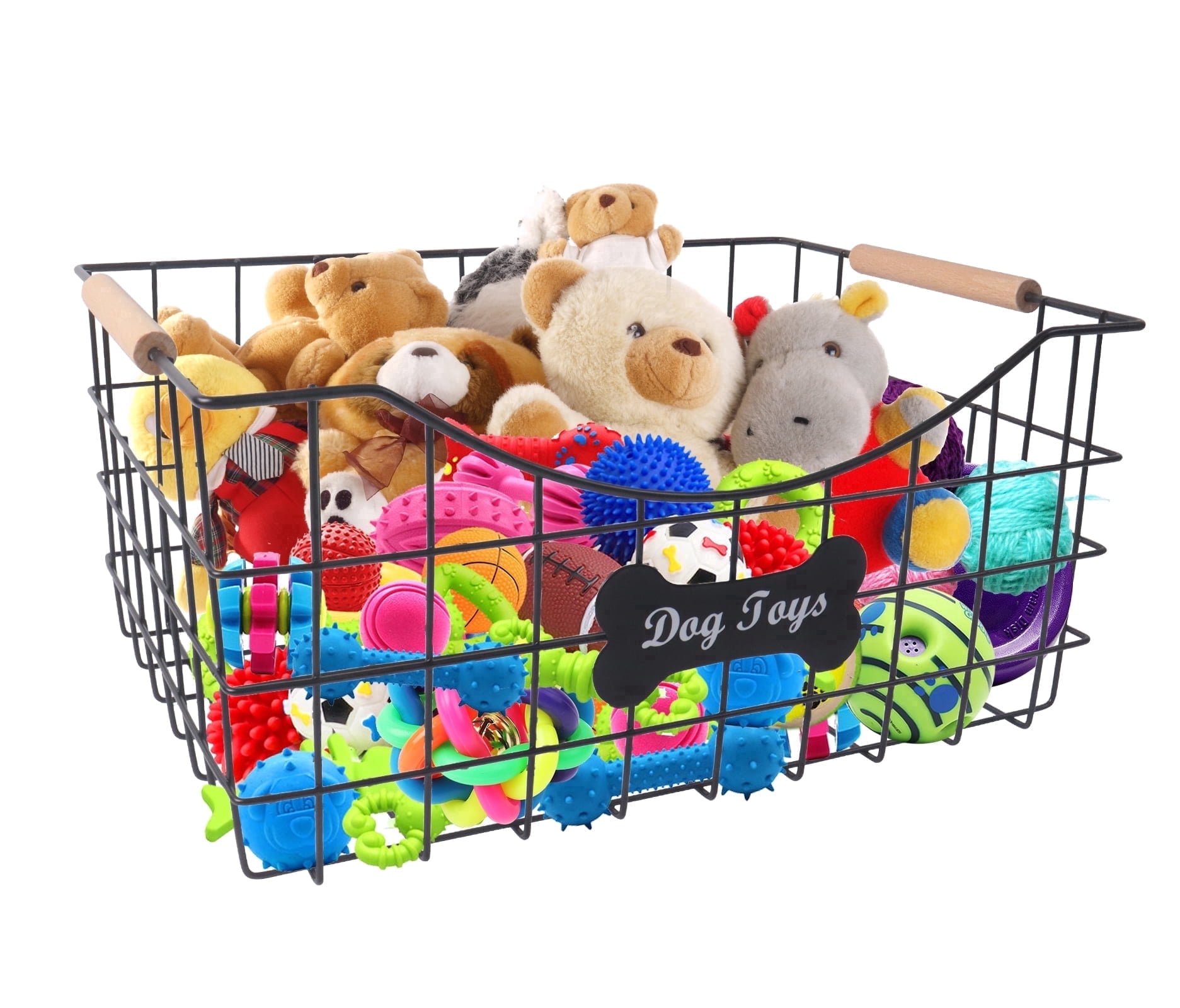 Brabtod Metal Wire Dog Toy Storage Basket - Rectangular Large-Capacity Organizer with Wooden Handles for Pet Toys, Treats, Leashes & Plushies