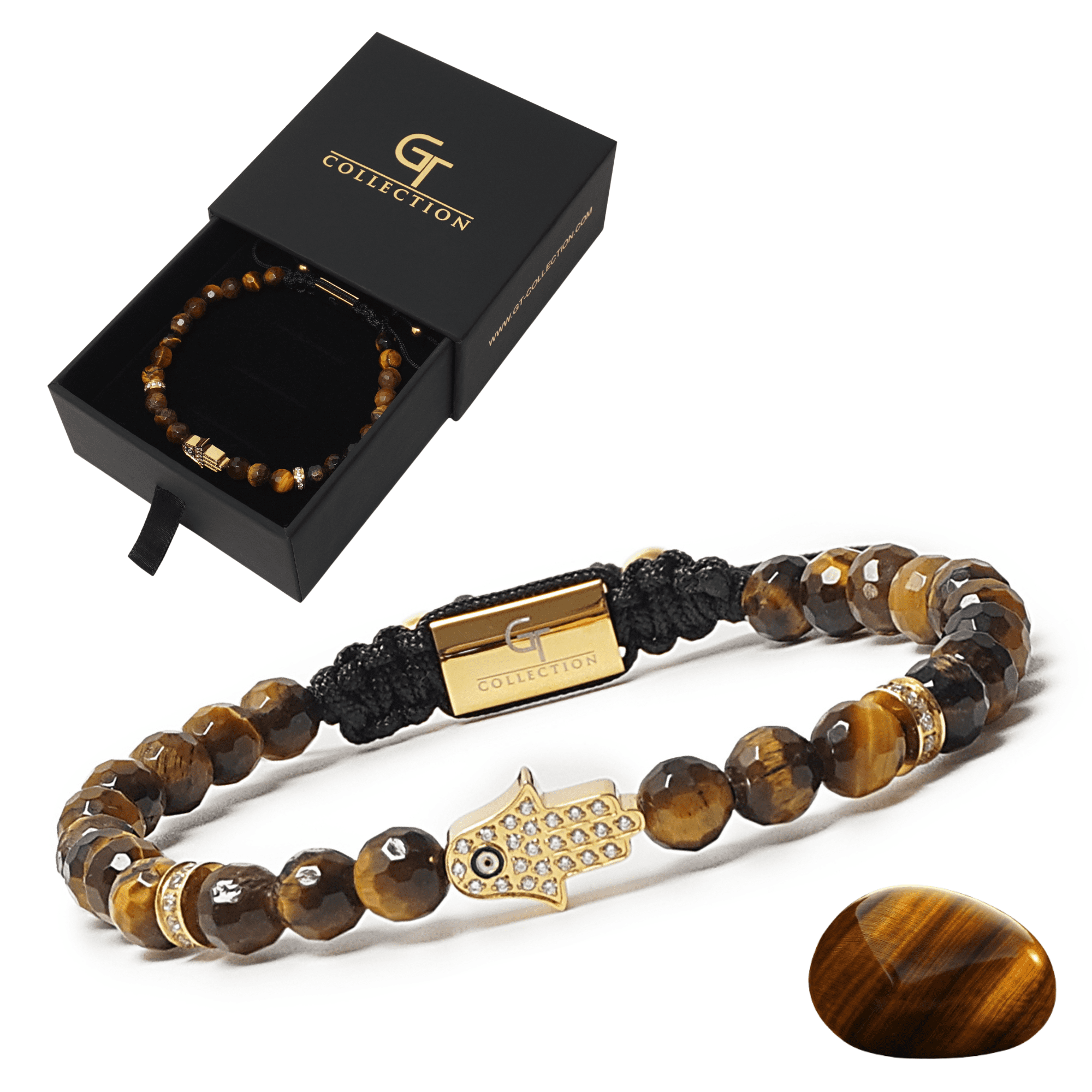 Men's TIGER EYE Bracelet with Golden HAMSA Hand | Gift for Men | One Size Fits All | 100% Natural | Gemstone Adjustable Bracelet