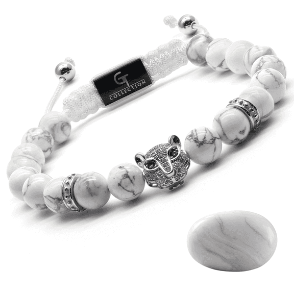 Men's WHITE HOWLITE Bracelet With Silver LEOPARD Head | Gift for Men | One Size Fits All | 100% Natural | Gemstone Adjustable Bracelet