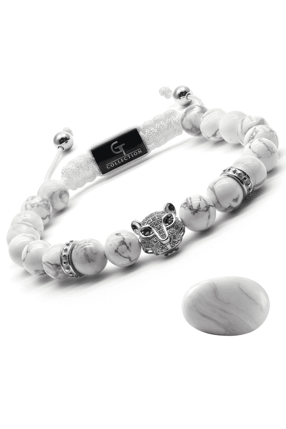 Men's WHITE HOWLITE Bracelet With Silver LEOPARD Head | Gift for Men | One Size Fits All | 100% Natural | Gemstone Adjustable Bracelet