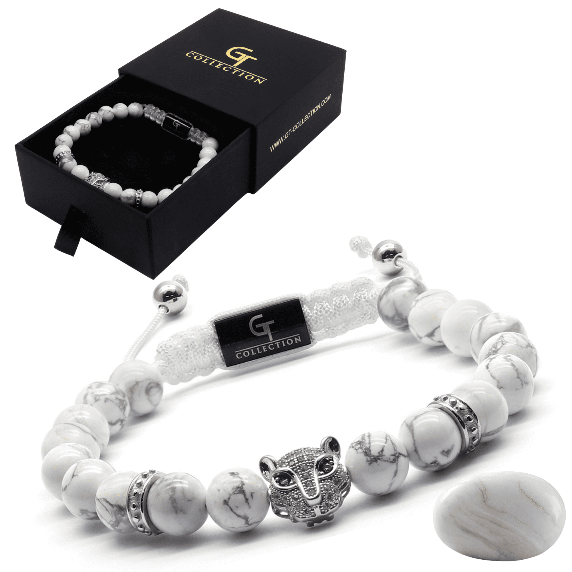 Men's WHITE HOWLITE Bracelet With Silver LEOPARD Head | Gift for Men | One Size Fits All | 100% Natural | Gemstone Adjustable Bracelet