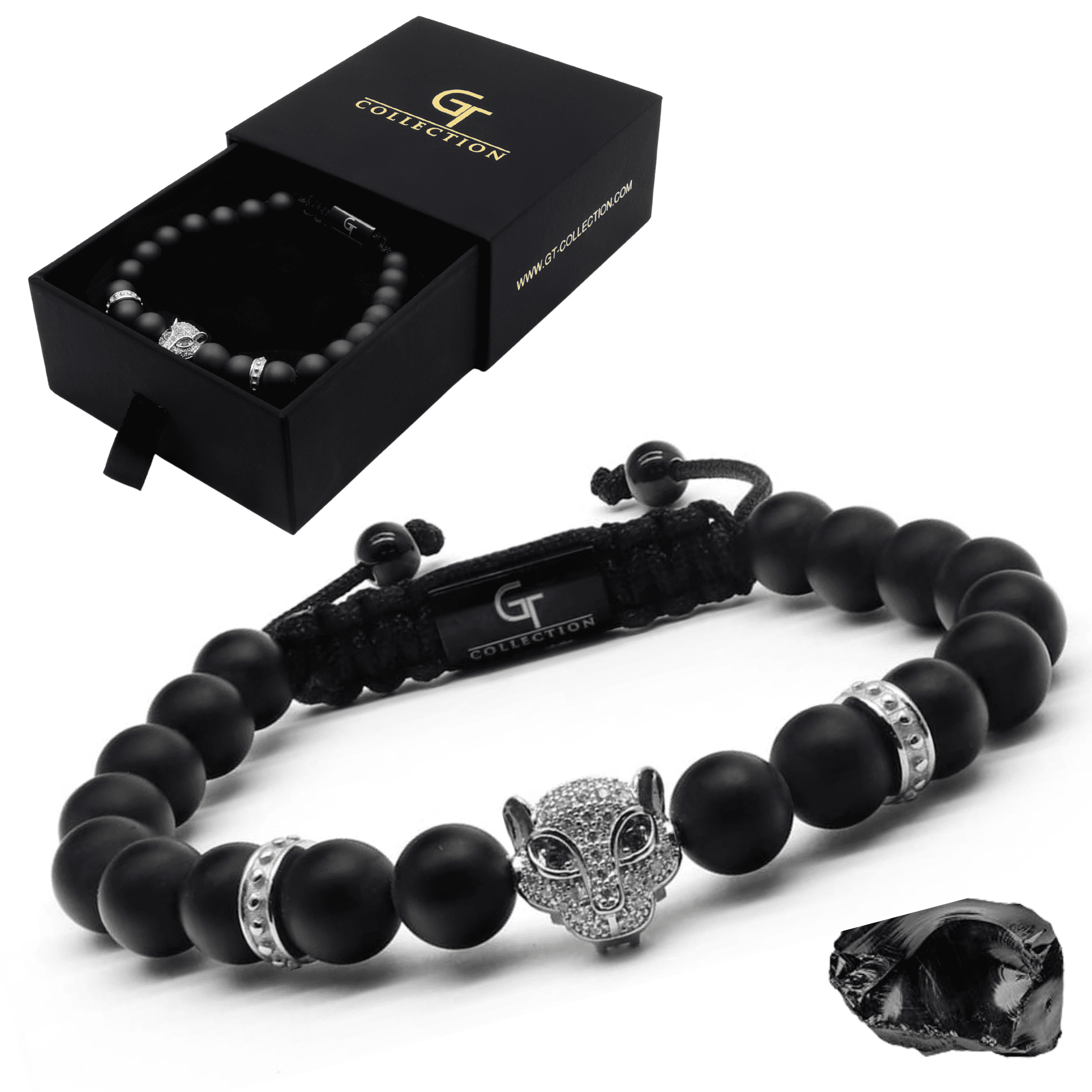 Men's BLACK ONYX Bracelet with Silver LEOPARD Head | Gift for Men | One Size Fits All | 100% Natural | Gemstone Adjustable Bracelet
