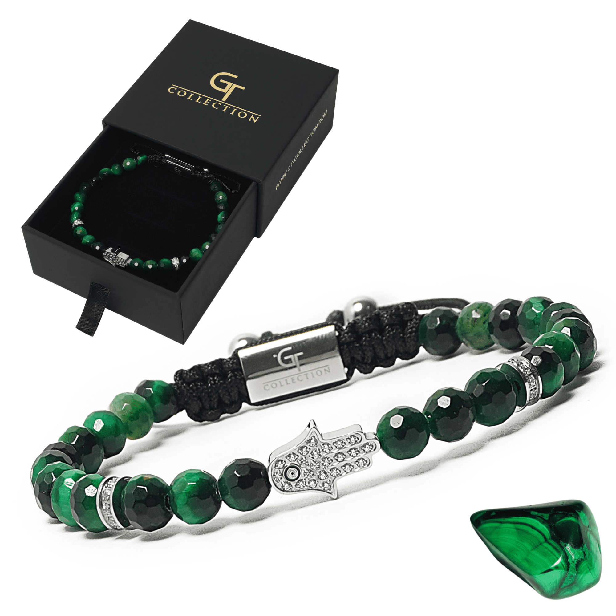 Men's GREEN TIGER EYE Bracelet with Silver HAMSA Hand