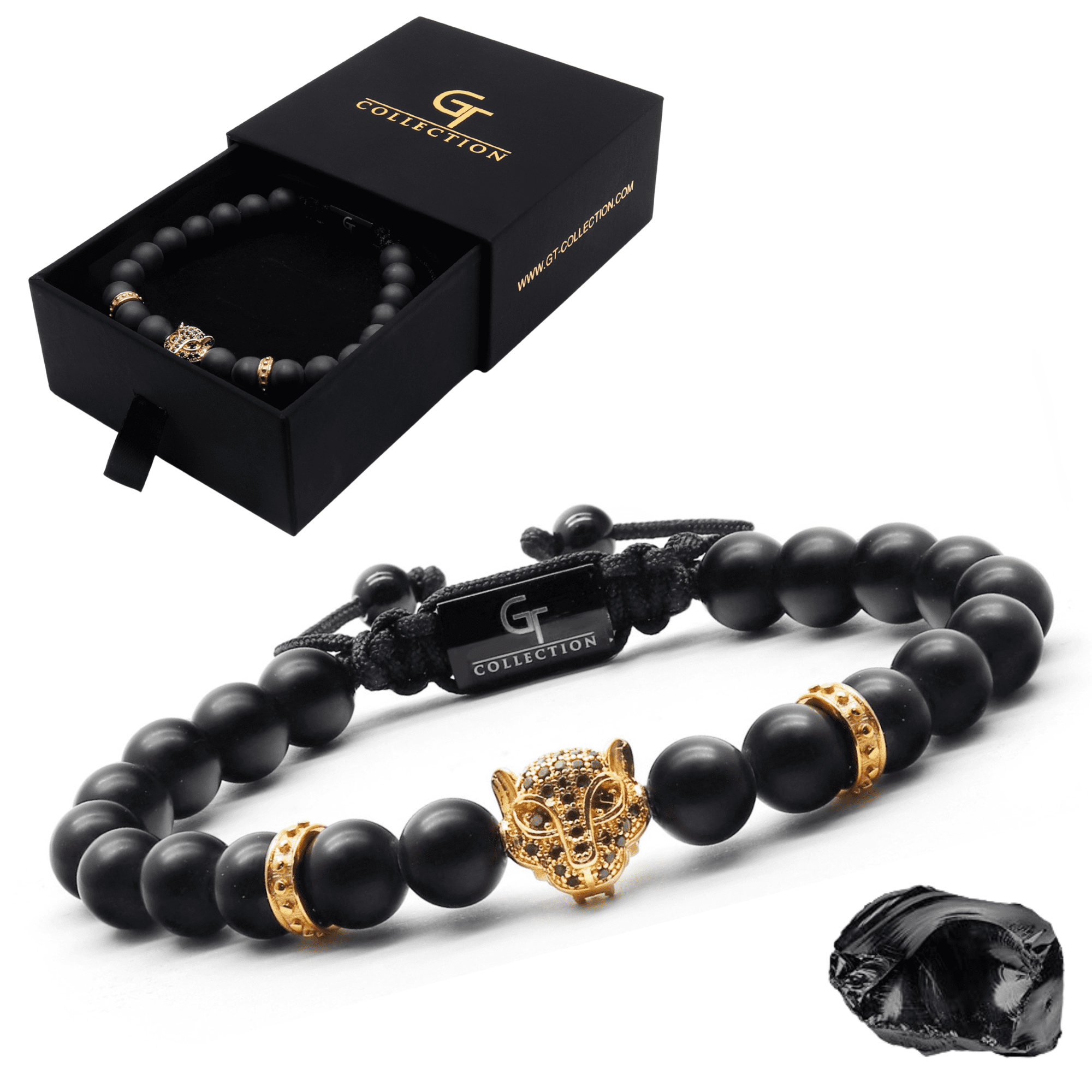 Men's BLACK ONYX Bracelet with Golden LEOPARD Head  | Gift for Men | One Size Fits All | 100% Natural | Gemstone Adjustable Bracelet