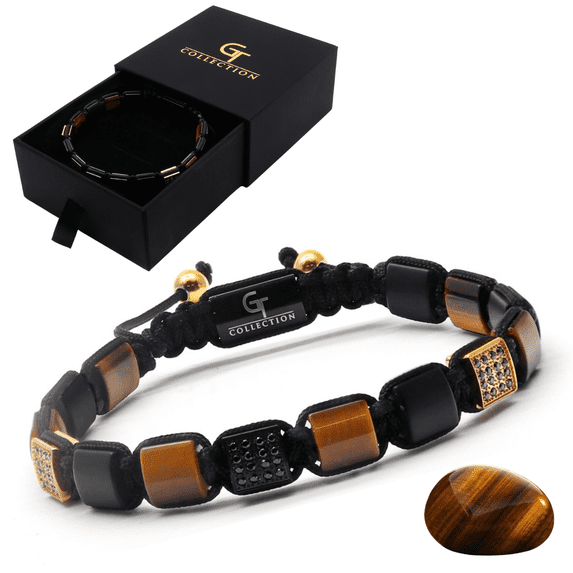 Men's Tiger Eye, Black Onyx Flat Bead Bracelet | Gift for Men | One Size Fits All | 100% Natural | Gemstone Adjustable Bracelet