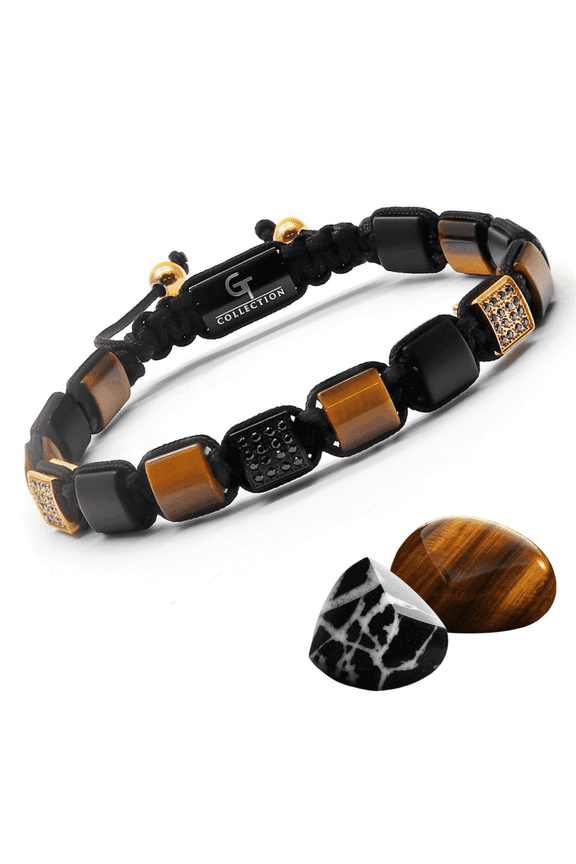Men's Tiger Eye, Black Onyx Flat Bead Bracelet | Gift for Men | One Size Fits All | 100% Natural | Gemstone Adjustable Bracelet