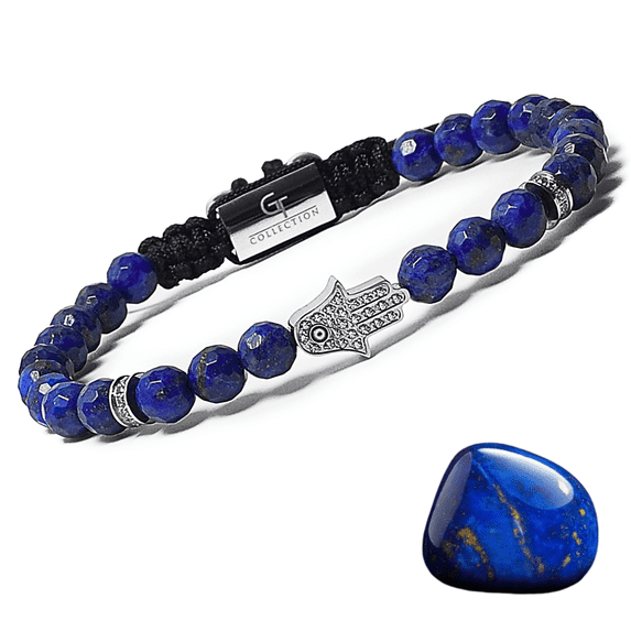 Men's LAPIS LAZULI Bracelet with Silver HAMSA Hand | Gift for Men | One Size Fits All | 100% Natural | Gemstone Adjustable Bracelet
