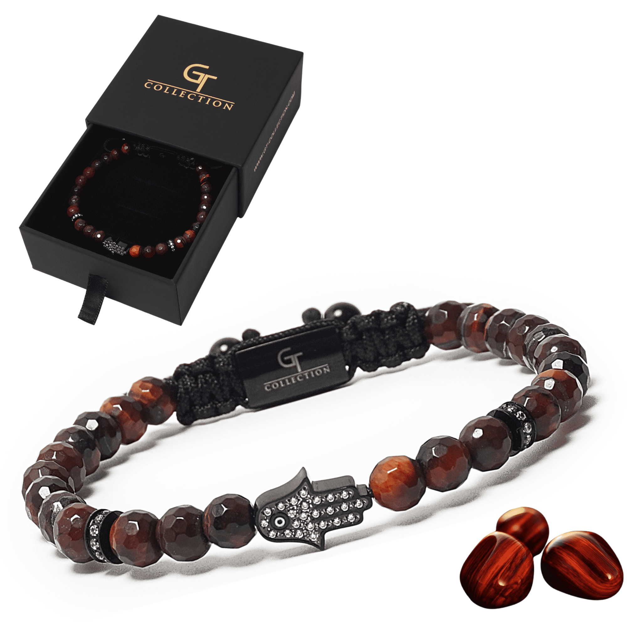 Men's RED TIGER EYE Bracelet with Black HAMSA Hand