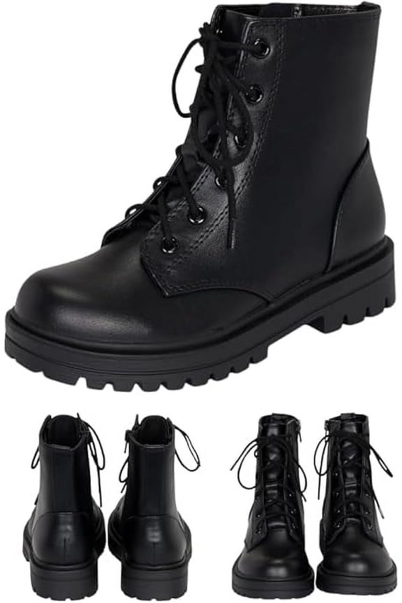 Brace-IIS - Girls/Boys/Kids/Children Lace Up Side Zipper Vegan Leather Lug Sole Combat Boots (Black PU, 11)