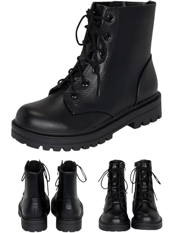 Brace-IIS - Girls/Boys/Kids/Children Lace Up Side Zipper Vegan Leather Lug Sole Combat Boots (Black PU, 1)