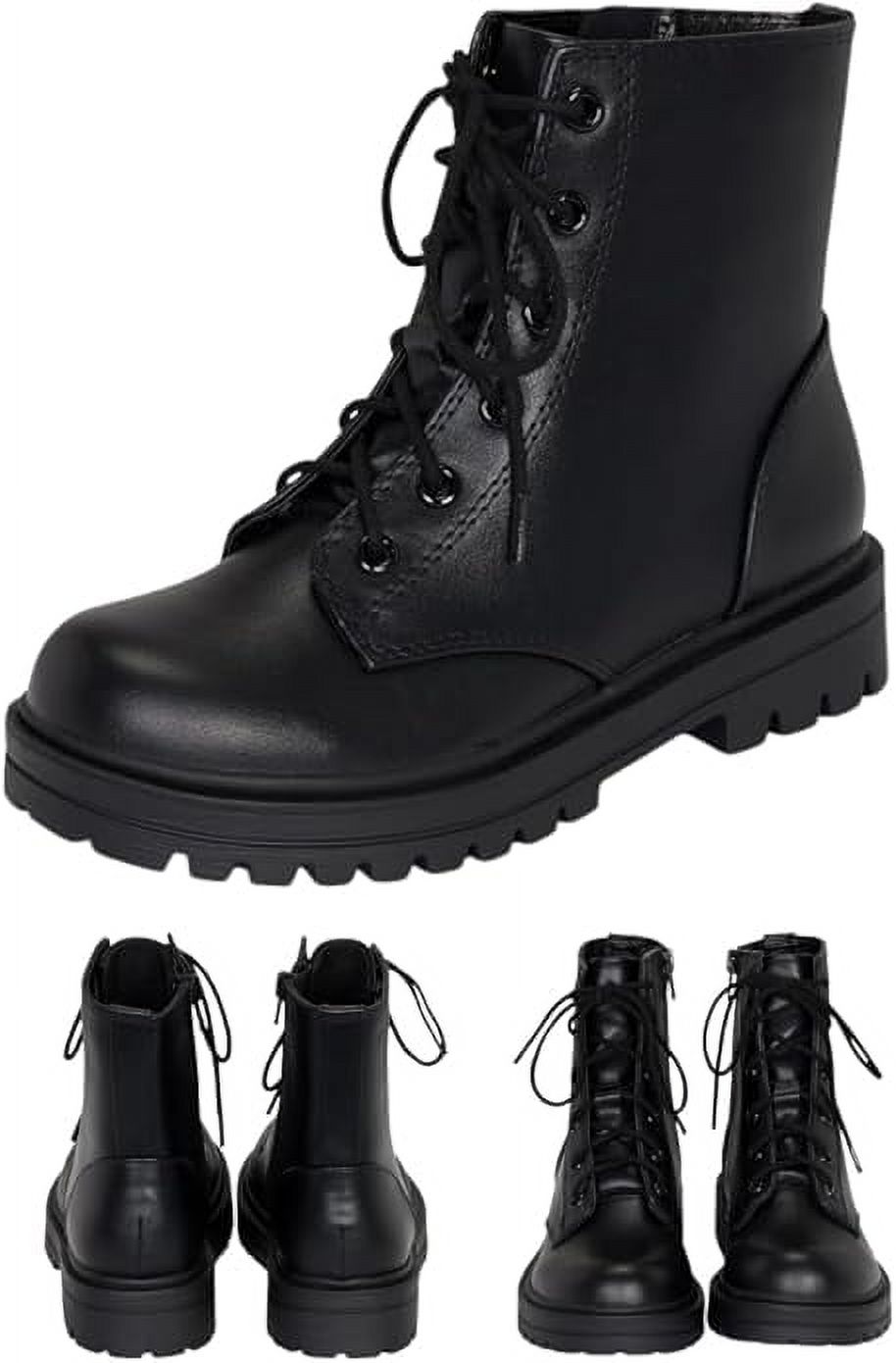 Brace-IIS - Girls/Boys/Kids/Children Lace Up Side Zipper Vegan Leather Lug Sole Combat Boots (Black PU, 1)