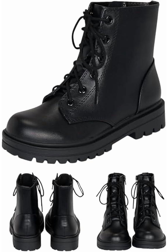 Brace-IIS - Girls/Boys/Kids/Children Lace Up Side Zipper Vegan Leather Lug Sole Combat Boots (Black PU, 3)