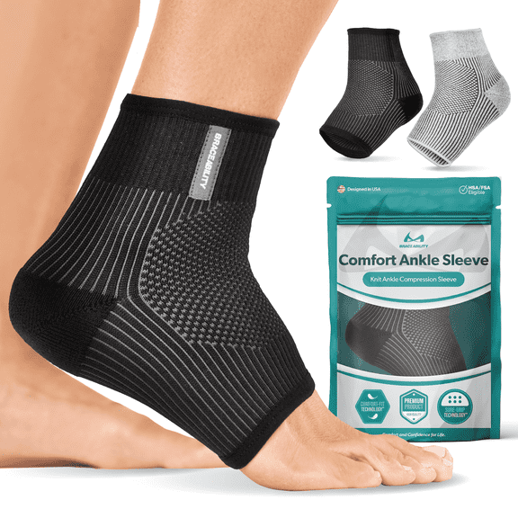 BraceAbility Ankle Compression Sleeve for Sprained Ankle and Injured Foot, Black, M/L