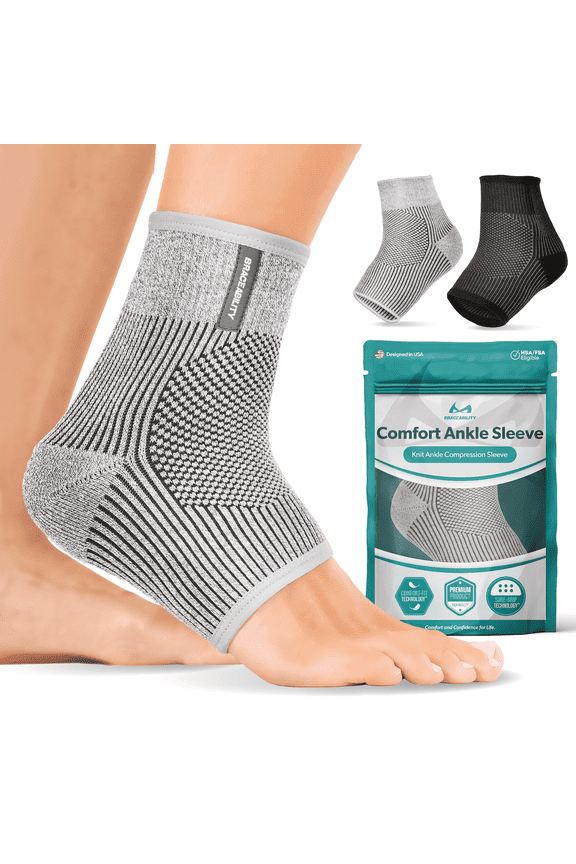 Ankle Compression Sleeve for Sprained Ankle and Injured Foot, Gray, M/L