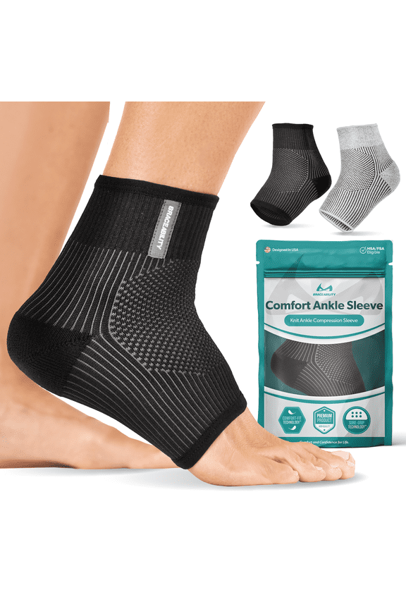 Ankle Compression Sleeve - Lightweight Support for Sprains, Swelling, Arthritis & Plantar Fasciitis Pain Relief (Black, M/L)