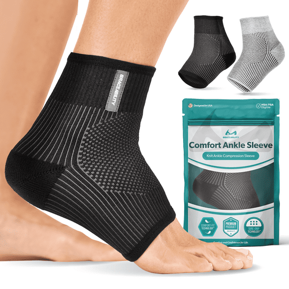 BraceAbility Ankle Compression Sleeve - Lightweight Support for Sprains, Swelling, Arthritis & Plantar Fasciitis Pain Relief (Black, M/L)