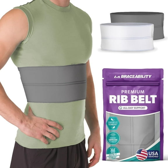 BraceAbility Mens Chest Compression Wrap - Adjustable Upper Body Support Belt for Broken, Fractured & Bruised Ribs (Gray, Universal Male)