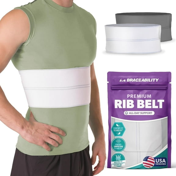 BraceAbility Broken Rib Brace - Rib Cage Compression Wrap for Fractured, Cracked & Bruised Ribs, Adjustable (White, Universal Male)