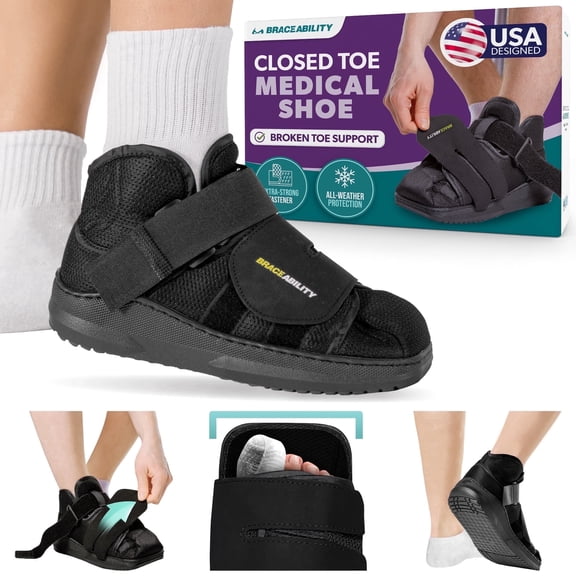 BraceAbility Closed Toe Medical Walking Boot - Post Op Shoe Foot Brace for Injured Foot L, Black
