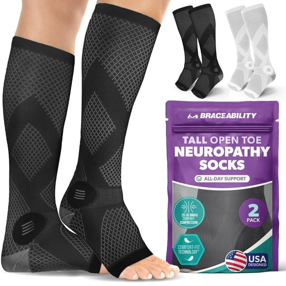 BraceAbility Compression Socks for Circulation - 20-30 mmHg Open-Toe Knee High Support Stockings for Swelling, Varicose Veins, Neuropathy (1 Pair, L, Black)