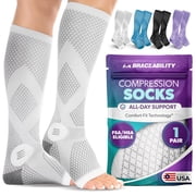 BraceAbility Open Toe Knee High Compression Socks 20-30 mmHg for Circulation Support, M, Gray, 1 Pair
