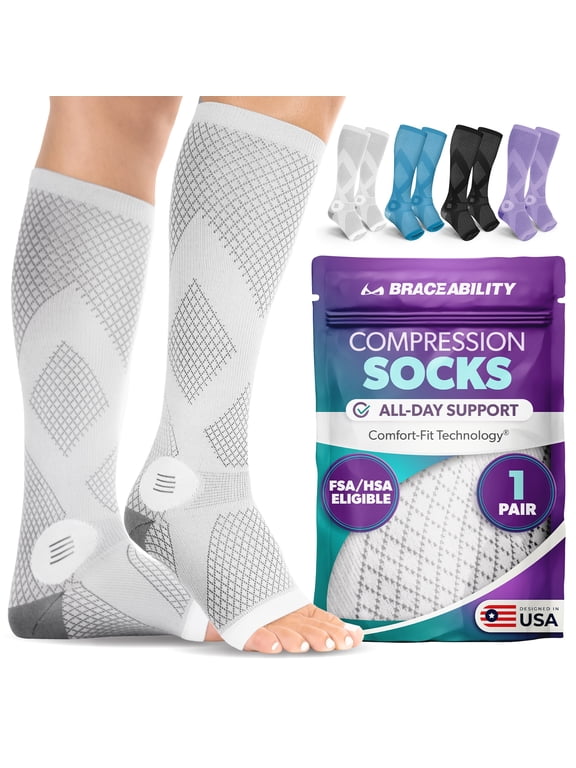 Open Toe Knee High Compression Socks 20-30 mmHg for Circulation Support, L, Gray, 1 Pair
