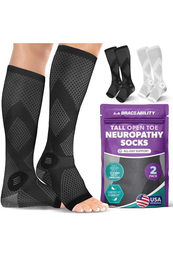 Open Toe Knee High Compression Socks 20-30 mmHg for Circulation Support, XL, Black, 1 Pair