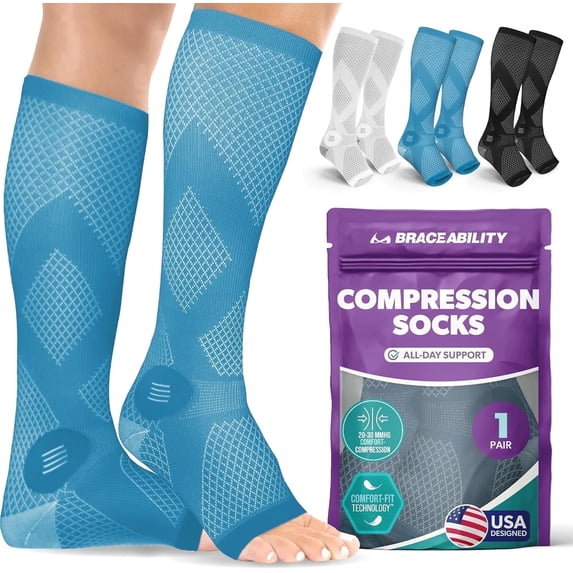 BraceAbility Open Toe Knee High Compression Socks 20-30 mmHg for Circulation Support, M, Teal, 1 Pair