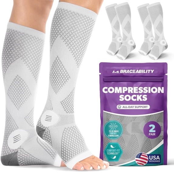BraceAbility Open Toe Knee High Compression Socks 20-30 mmHg for Circulation Support, L, Gray, 2 Pairs