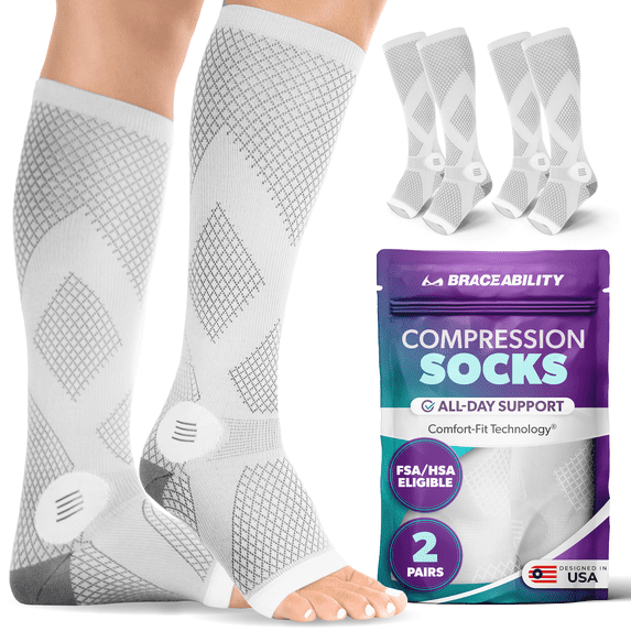 BraceAbility Open Toe Knee High Compression Socks 20-30 mmHg for Circulation Support, L, Gray, 2 Pairs