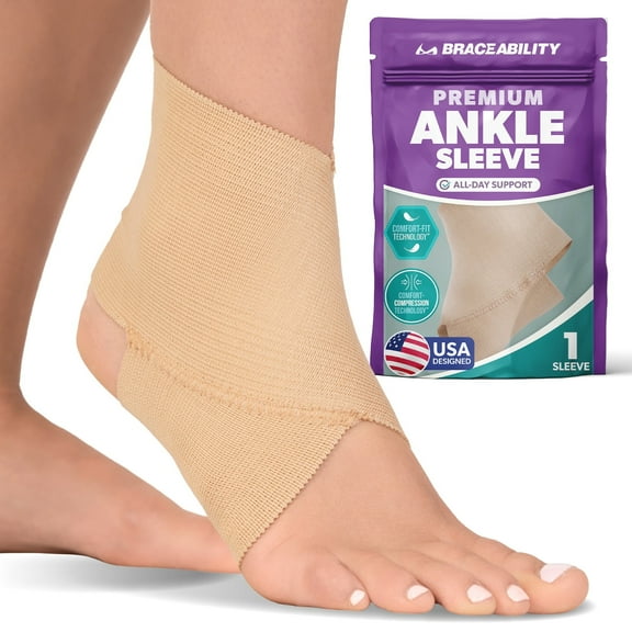 BraceAbility Elastic Ankle Brace, Lightweight Compression Support for Stability and Swelling Relief, Beige, 2X-Large