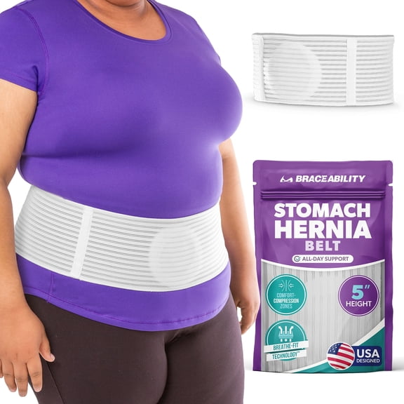 BraceAbility Umbilical Hernia Belt, Abdominal Binder with Compression Pad for Navel, Epigastric, and Ventral Hernia Support, White, Large/X Large