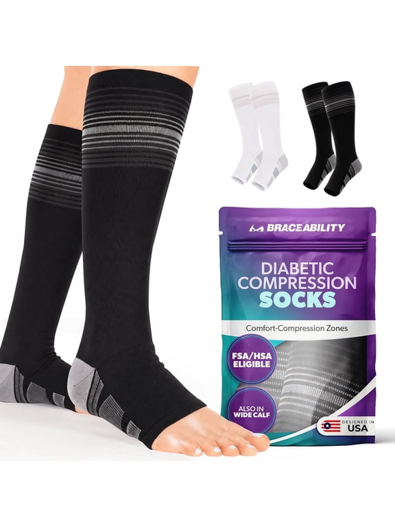 Knee High Diabetic Compression Socks, 20-30 mmHg Toeless Over the Calf Neuropathy Socks for Swollen Legs, L, Black, 1 Pair