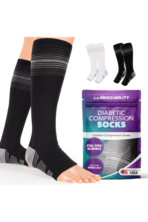 Knee High Diabetic Compression Socks, 20-30 mmHg Toeless Over the Calf Neuropathy Socks for Swollen Legs, L, Black, 1 Pair