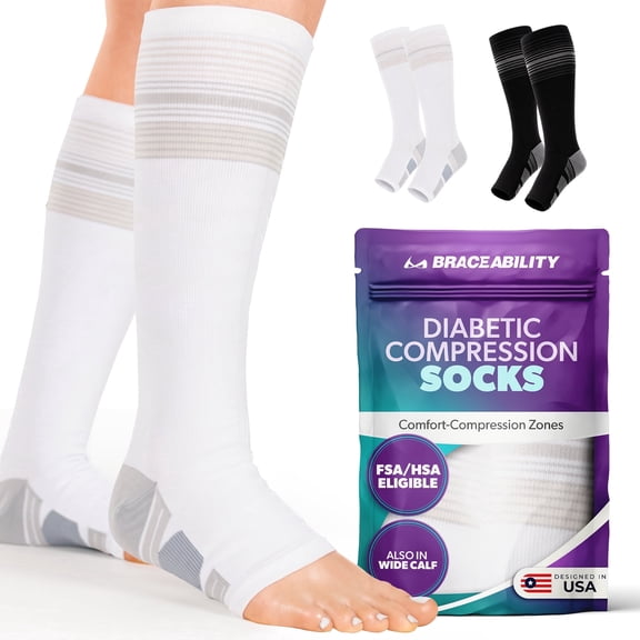 BraceAbility Knee High Diabetic Compression Socks, 20-30 mmHg Toeless Over the Calf Neuropathy Socks for Swollen Legs, L, White, 1 Pair
