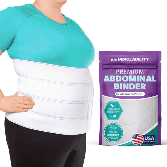 BraceAbility Plus Size Abdominal Binder, Medical Compression Post-Surgery, Hernia, and Postpartum Support, White, Extra Large