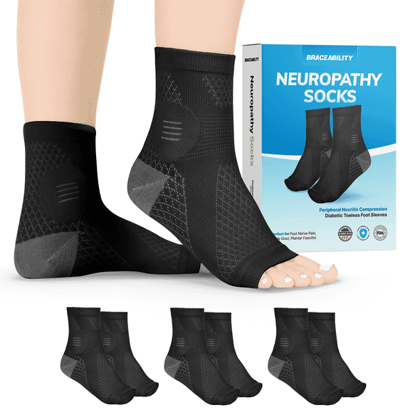 BraceAbility Neuropathy Compression Socks 20-30 mmHg Open Toe Circulation Support L, Black, 3 Pairs